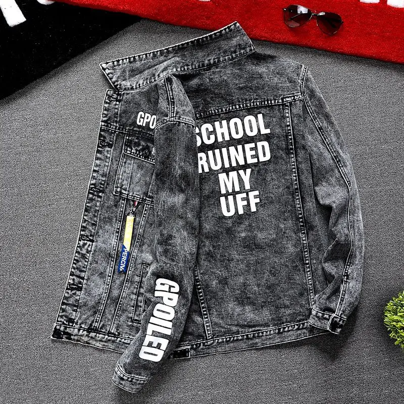 Mens Fashion Denim Jacket - Jaqueta Jeans Masculina Vermelha com Estampa,