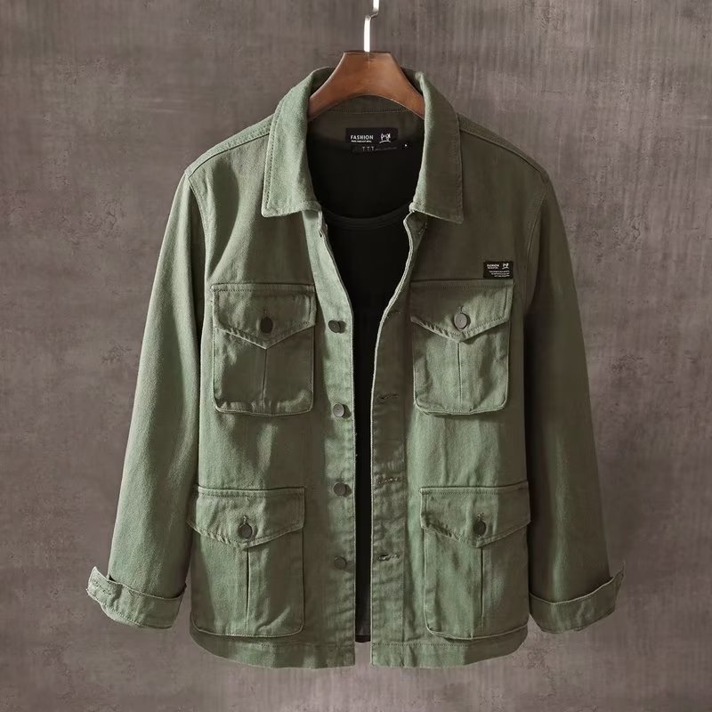 Mens Fashion Denim Jacket - Jaqueta casual solta masculina, bolso sólido,