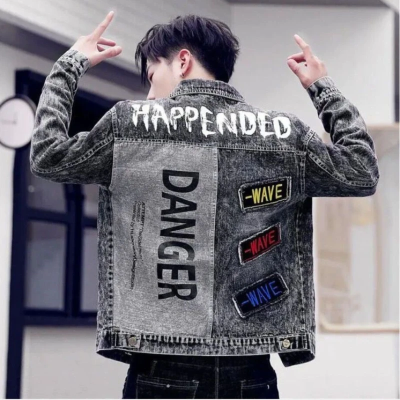 Mens Fashion Denim Jacket - Jaqueta jeans de botão hip-hop masculina,