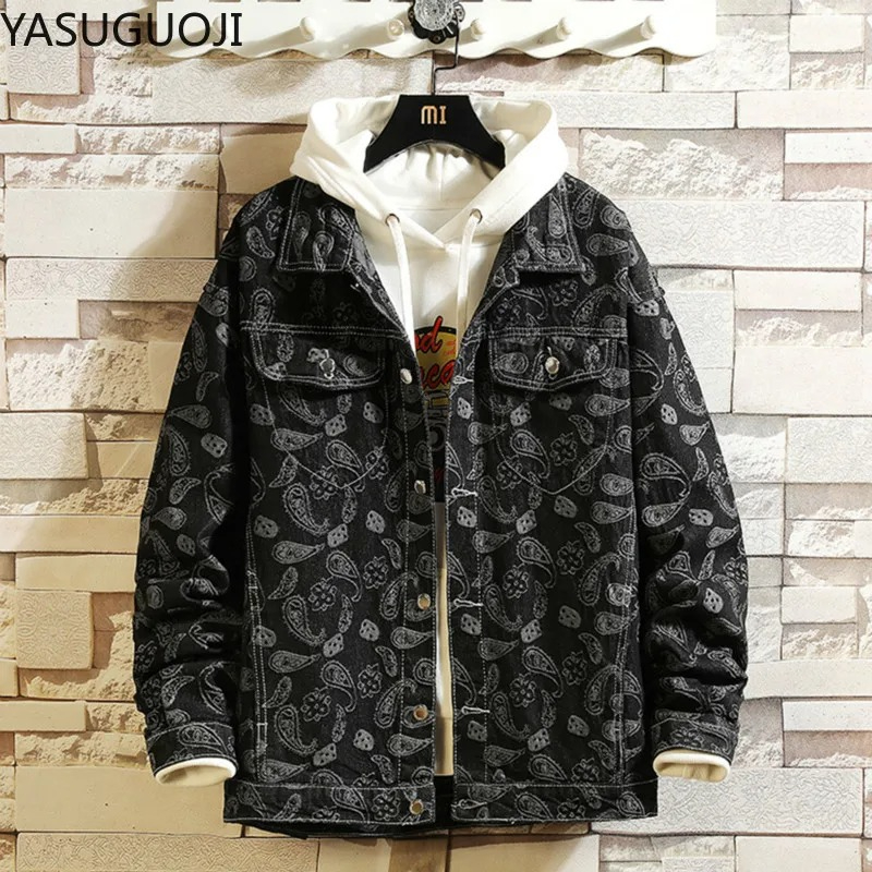 Mens Fashion Denim Jacket - Novo 2025 primavera japonês vintage impresso