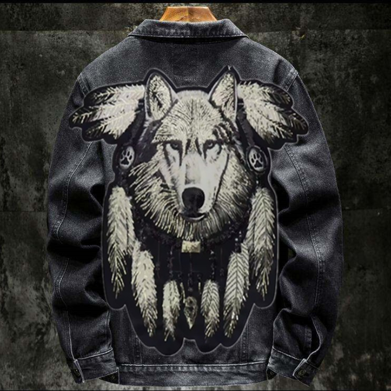 Mens Fashion Denim Jacket - América vintage lobo pesado bordado remendo