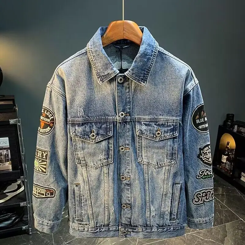 Homens high street bordado rem - Mens Fashion Denim Jacket avaliação e preço