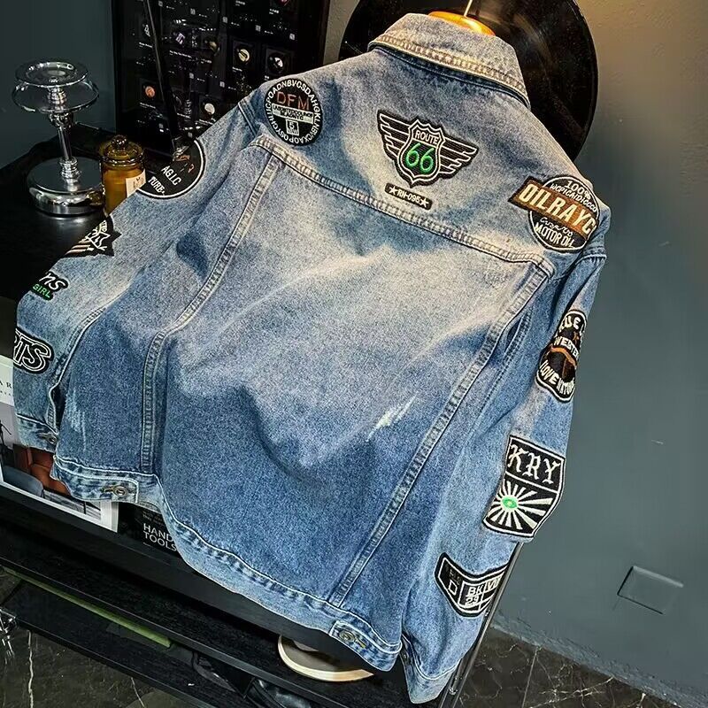 Homens high street bordado rem - Mens Fashion Denim Jacket avaliação e preço
